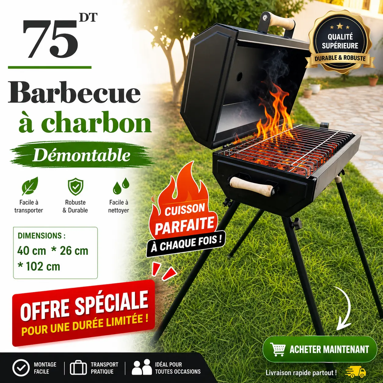 Barbecue à charbon démontable (40 * 26 * 102) cm